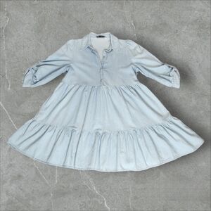 Zara Chambray 3/4 Roll Tab Sleeve Babydoll Mini Dress